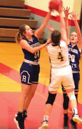 Rye sophomore Alaina Bourgeois (34) blocks the shot of 2A Sargent's Mary Willis (4) during Day 2 action at 3A Centauri's Mountain Top Classic, Dec. 2-4 in La Jara. Photo courtesy of Joel Priest