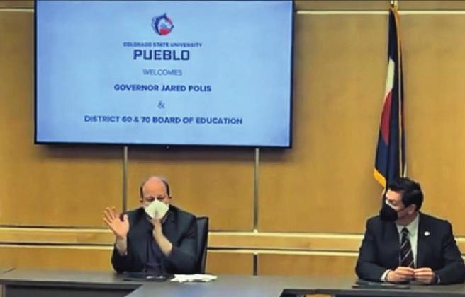 Governor Jared Polis and Colorado Senate President Leroy Garcia present information while meeting with the Pueblo County School Board members. Courtesy Photo