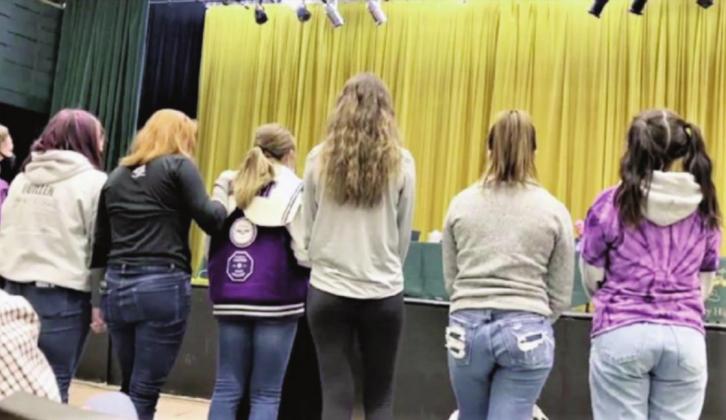 RHS students and the girls volleyball team address the D70 school board in support of Coach Donlon. Courtesy Photo