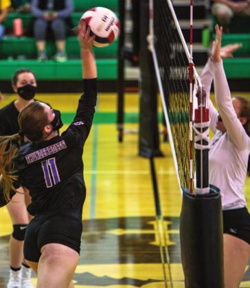 Rye answered the call after a game one defeat of 16-25 to St. Mary’s. The Lady T-Bolts weren’t about to let that happen again. They beat the Pirates the next two games and finished them off in the 5th with 15-9 win for a 3-2 victory on Saturday, Oct. 9 during a non-conference game. Rye is now 11-14 overall and 8-2 in League. Senior Morgan Elarton #11 catching the Pirate’s defense off guard on Saturday, Oct 9. Elarton had 5 kills and 4 aces against St. Mary’s. Photo by Sue Barcus