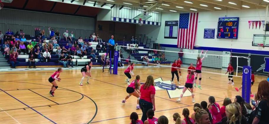 Crowley game: Hayley Newitt is up for the block. Clockwise around the court from her-Olivia Donlon, Lauren Miller, Trinity Felthager, Seine Roy, Taylor Pye Courtesy Photo