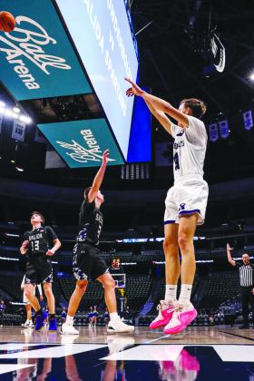 Elias Guzman adds three points to his 26 point day at Ball Arena. The RHS boys beat Salida 56-46. Courtesy Photo