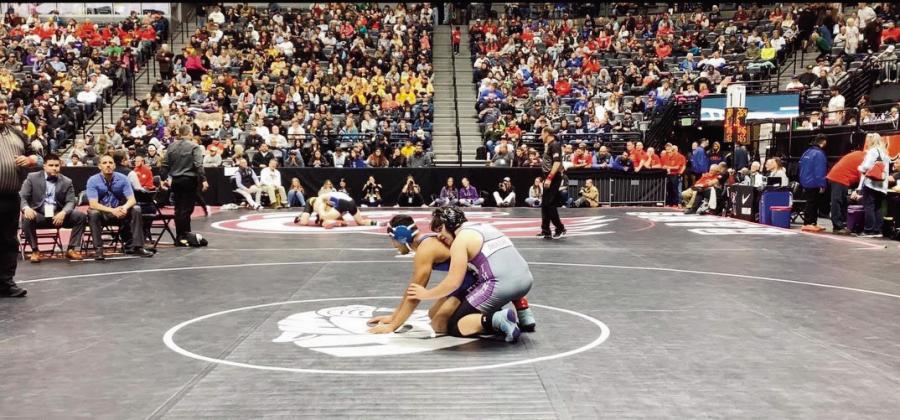 Rye High School wrestlerJose Martinez gets ready to control Rocky Ford opponent in state tournament, Martinez finished the season with a 28-17 record Courtesy Photo