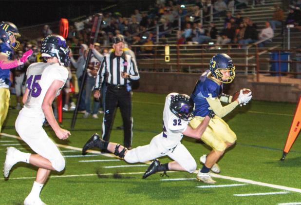 Photo by Sue Barcus It took the Colorado Springs Christian Lions until the end of the second quarter to score a touchdown. The T-Bolts held off a second touchdown up through the end of the third quarter but the Lions concluded the game beating Rye 17-0 at their home conference game on Saturday, Oct. 23 in Colorado Springs. Sam Chianelli, #32 stopping the Lions offense within 2 yards of the goal line.