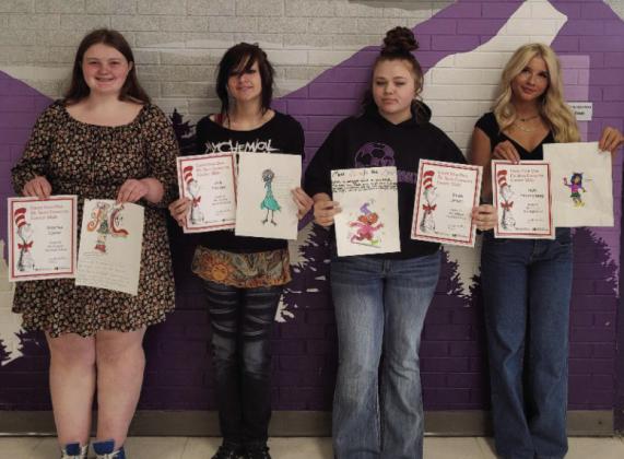 Brianna Carter, 10th grade, Zelic Hoosier, 12th grade, Sarah Jessop, 12th grade, and Kayla Himmelberg, 11th grade, had great fun creating Dr. Seuss characters. Courtesy Photo