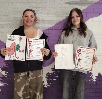 Olivia Bourgeois, 11th grade, and Estella Peterson, 9th grade, display the Dr. Seuss like characters they drew and created. Courtesy Photo
