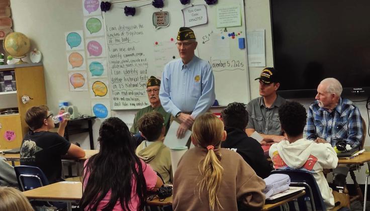 VFW LTC Fred A. Ettleman Post #7305 members Jerry Collins, Tom Howard, Matt Acres, and Don Shumake (L-R) visited Mrs. Sonnleitner's class at Craver Middle School Courtesy Photo