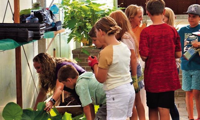 Rye Elementary Teacher Samantha Rothchild supervises and assists students in Harlie's Greenhouse at Rye Elementary School. Courtesy Photo