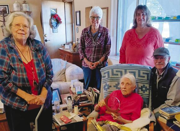 Book Club members visisted Joye Marostica at her home to honor her for starting the book club 35 years ago. L-R Mary Helen Finley, Phyllis Hochstetler, Joye Marostica seated, Shirley Pigg, Steele Wotkyns. Courtesy Photo