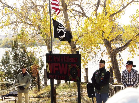VFW Post 7305 Officers (L-R) Tom Howard, Adjutant/Quartermaster; Jerry Collins, Junior Vice Commander; and Donald Shumake, Chapain, attend a post renaming ceremony honoring the late Fred Ettleman on Saturday. Photo by Terry Kraus