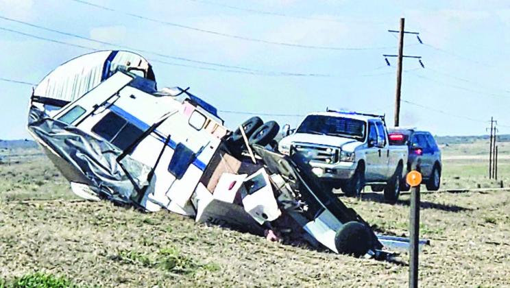 A camper trailer was destroyed when it overturned on the Interstate, near Lascar Road, in the recent April windstorm. Courtesy Photo