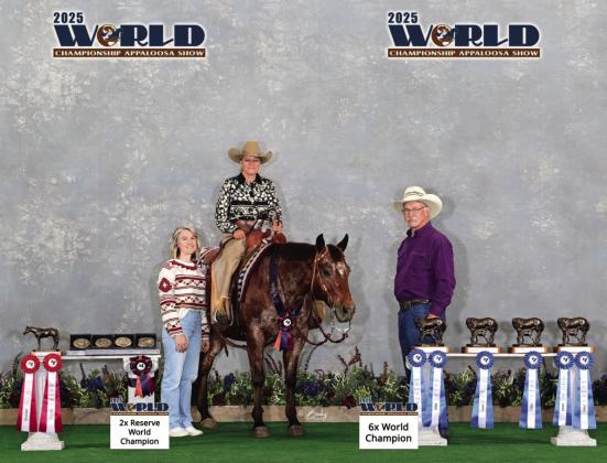 Cindy Schafer, pictured with daughter Ellisha Warner of Gibbons, Alberta, Canada and spouse Richard Schafer, and her mare, Bugs, won big at the Appaloosa World Show in Texas. Courtesy Photo