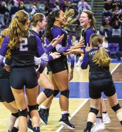 Rye’s team celebrating their first win against Limon on the first day of playoffs at the State Tournament. Photo by Sue Barcus