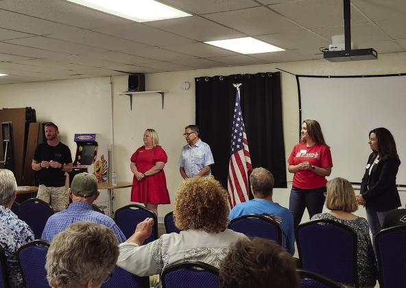 (L-R) Pueblo County Commissioner Zach Swearingen, State Representative Candidate Kim Swearingen, Pueblo County Commissioner Eppie Griego, Pueblo County District Attorney Candidate Kala Beauvais, and Pueblo County Commissioner Candidate Paula McPheeters. Photo by Shirley Pigg