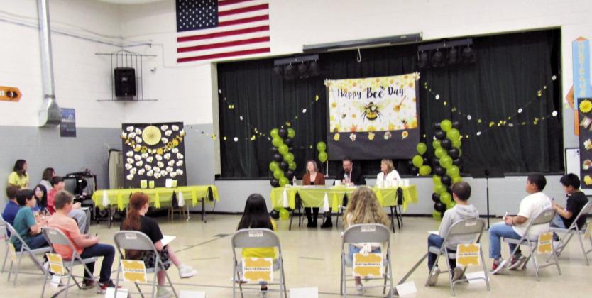Rye Elementary had three participants in the District 70 Spelling Bee which was hosted by North Mesa on Thursday, April 27. Annabelle Weston from the 3rd grade, Benji Pulido from the 4th, and Gia Burling from the 5th grade. Above: The fourth-grade division of the D70 spelling bee; Judges included: D70 Board of Education President, Anne Ochs; Director of Curriculum, Dr. Anthony Martinez; and retired D70 educator; Candy Musso Photo by Shirley Pigg