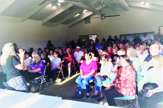 Sara Blackhurst, Action 22, speaks to a capacity crowd about securing a permanent solution to the Colorado City postal issues. Photo by Shirley Pigg