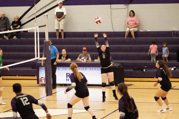 Jackie Newitt, Thunderbolt leader in assists, sets up a teammate for a spike. Photo Courtesy of Kacie Anglin