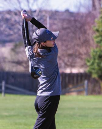 Senior Paige Hyatt starting off with a long hit on hole #1 and was able to keep up her perfect hits taking second place at the Varsity League Tournament at Hollydot Golf Course. Emma Garcia took third. Rye’s team took first place, as a team, at the tournament on Thursday, April 14. Photo by Sue Barcus