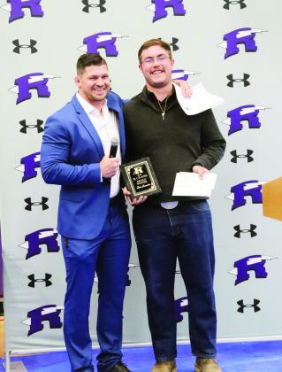 Devin Samuelson with his award and RHS Athletic Director Matt Addington. Devin also earned a $1000 scholarship for receiving the PJ Craver Award. Photo Courtesy of Kacie Anglin