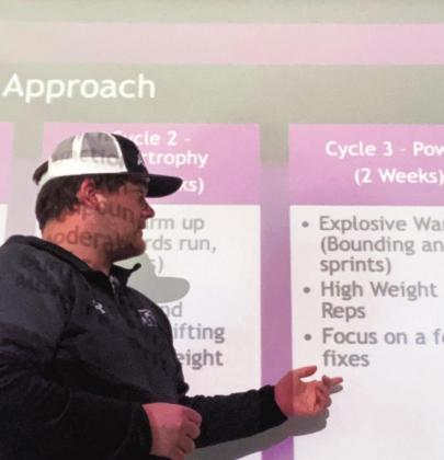 Rye High School track coach Connor Pigg shares coaching techniques with 40 track coaches from all classifications and parts of the state at a recent training event hosted by the Colorado High School Coaches Association. Courtesy Photo
