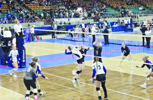 Hayley Newitt flies high in the air to block a shot in the volleyball state tournament. Rye won their initial state outing but dropped the next two, including a 3-0 loss to eventual 2A state champion. Courtesy Photo