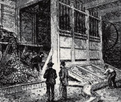 A Stamp Mill was a crushing machine powered by water or steam. Iron stamp heads or shoes are dropped on pieces of ore which rest on iron dies. The finely crushed ore proceeds to the next stage of processing. Courtesy Photo