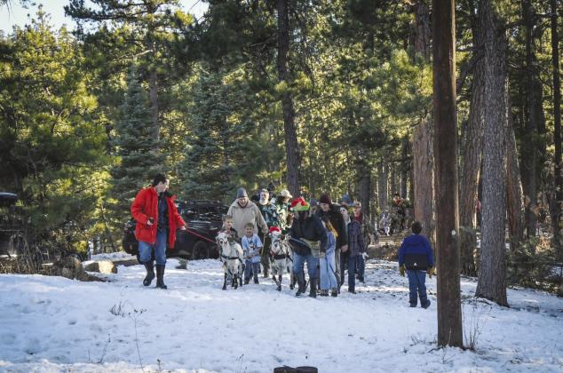 The Yule log-seeking group braved considerable snow in Pueblo Mountain Park but had a great time aided by Phil and Nan Hassey and their trained goats Pongo and Gandalf.. Courtesy Photo