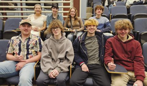 Rye High School Knowledge Bowl State Qualifiers : Front row, L-R: Mathius Lorenz, Eli Moore, Justin Siudyla, Avery .Koons. Back row: Marie Martinez, Miriam Peterson, Kaci Ford, and Carter Ford
