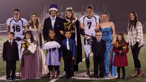 The 2022 Rye High School Homecoming Court (L-R) Taye McCauley and Brianna Prichard, King Kade Payne and Queen Sydney Griffith, Riley Rochester and Gianna Baker, with the Junior Court in front. Photo by Deb Straub
