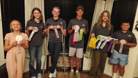 Greenhorn Kicker rifle shooters with their second-place team and other ribbons: L-R: Lucy Chandler, Lena Chandler, Molly Chandler, Zack Mansfield, Estella Pearson, Tommy Hart. Not pictured: Clara Chandler, Kimmie Power, Bryer Power.