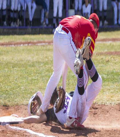 Rye got on the board right away during its first game of a double-header with Rocky Ford on a beautiful spring afternoon, beating the Meloneers 7-0 and gave up only 1 run with an 11-1 win during game two. Xaden Ehrlich, #33, making sure he’s not called out during the TBolts first game on Saturday, March 26. Photo by Sue Barcus