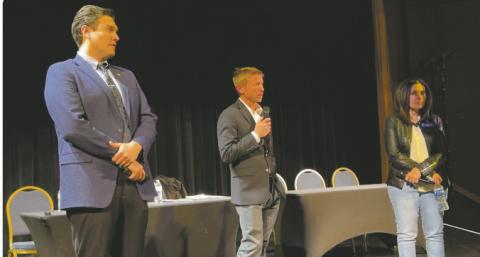 Pueblo County Commissioners (L-R) Miles Lucero, Zach Swearingen, Paula McPheeters give their attention to people attending a forum at the Sangre de Cristo Arts Center.