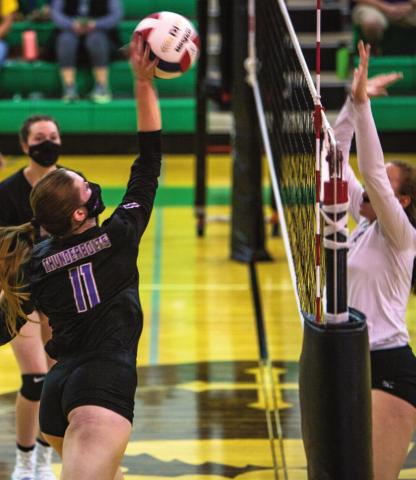 Rye answered the call after a game one defeat of 16-25 to St. Mary’s. The Lady T-Bolts weren’t about to let that happen again. They beat the Pirates the next two games and finished them off in the 5th with 15-9 win for a 3-2 victory on Saturday, Oct. 9 during a non-conference game. Rye is now 11-14 overall and 8-2 in League. Senior Morgan Elarton #11 catching the Pirate’s defense off guard on Saturday, Oct 9. Elarton had 5 kills and 4 aces against St. Mary’s. Photo by Sue Barcus
