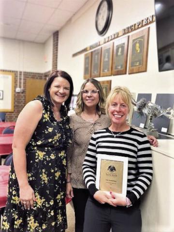 Craver Principal Jody Pool, with Jayme Graham, Education Instructional Aide at Craver Middle School, and award-winning teacher Erin Sonnleitner (L-R).