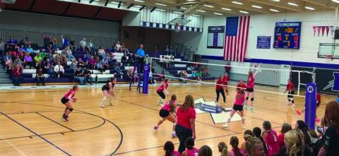 Crowley game: Hayley Newitt is up for the block. Clockwise around the court from her-Olivia Donlon, Lauren Miller, Trinity Felthager, Seine Roy, Taylor Pye Courtesy Photo