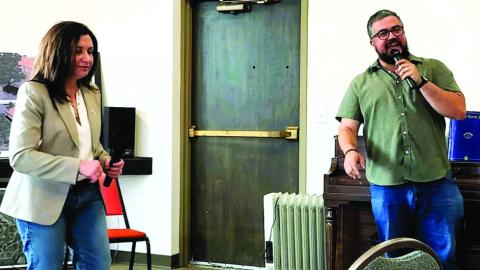Commissioner McPheeters and CCMD Board Member Karim Ayoub discuss new water worker internship developed with Pueblo Community College. Photo by Shirley Pigg