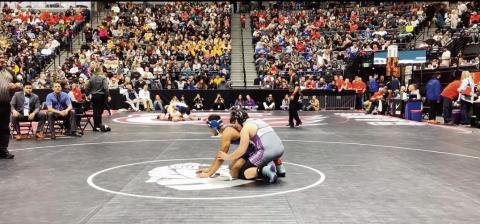 Rye High School wrestlerJose Martinez gets ready to control Rocky Ford opponent in state tournament, Martinez finished the season with a 28-17 record Courtesy Photo