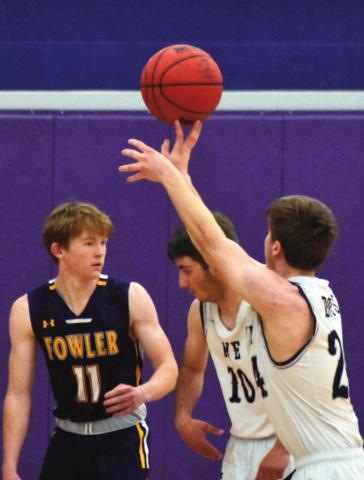 The Rye High School boys basketball team dropped a narrow onepoint loss to Crowley County to place second in the district tournament and advance to the regional tournament. The Thunderbolts won five of their last seven games, including this one over Fowler to set up an opportunity to face Vail Christian in opening round regional action. Photo courtsy of Tony Marostica