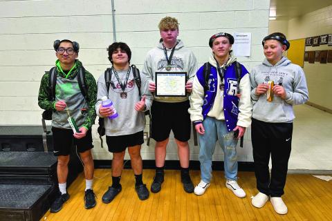 Wrestling Team Custer County Tourney, (L-R) Andy Pritchard, Jose Martinez, Dayton Blok, Skyler Moore, Kade Kenny Courtesy Photo