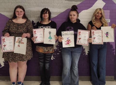 Brianna Carter, 10th grade, Zelic Hoosier, 12th grade, Sarah Jessop, 12th grade, and Kayla Himmelberg, 11th grade, had great fun creating Dr. Seuss characters. Courtesy Photo