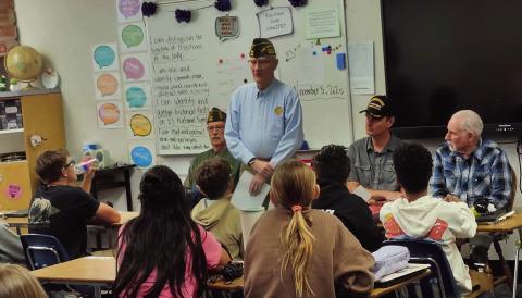 VFW LTC Fred A. Ettleman Post #7305 members Jerry Collins, Tom Howard, Matt Acres, and Don Shumake (L-R) visited Mrs. Sonnleitner's class at Craver Middle School Courtesy Photo
