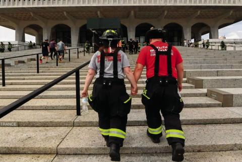 Kristine Probst, left, and Zachary Adams, an engaged couple from the South Schodack Fire District, join other firefighters, police and others in a benefit memorial stair climb on Sunday, Sept. 7, 2025, at the Empire State Plaza in Albany, N.Y., to remember first responders who died responding to the World Trade Center attacks on Sept. 11, 2001 Courtesy Photo