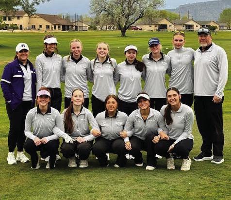 RHS Golf Team - (Left to right, back row): Erin Ruiz, Hannah Davis, Adiena Jarbo, Olivia Garrison, Kendall Lathrop, Olivia Donlon, Holly Nelson, Nick Donlon (Left to right, front row): Irie Sutton, Ariel Miller, Melody Twarog, Gloriana Ruiz, Reese Simpson Courtesy Photo