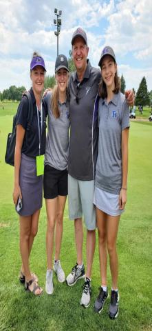 New Head Golf Coach Anna Jordan (L) with state qualifiers Morgan Voss and Paige Hyatt, and previous Head Coach Daryl Voss. Courtesy Photo