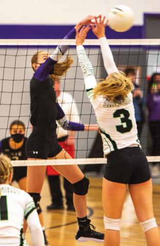 Rye volleyball hosted a two-day tournament on Oct. 29 and 30. They had 3 walk-off 3-0 wins against Trinidad, Ignacio and Sanford High Schools. The Lady T-Bolts start their week 18-5 overall and 10-3 in League. Sydney Adamson #2 forces the ball out of reach of Sanford's defense. Photo by Sue Barcus