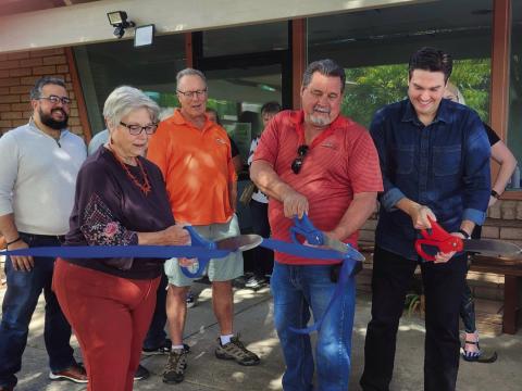 Marty Rahl, Mayor of Rye; Jim Eccher, Colorado City Metro District Manager; and Miles Lucero, Pueblo County Commissioner (L-R front) cut the ribbon celebrating Pueblo County services becoming available in Colorado City. CCMD Board Members Karim Ayoub and Ray Davis (back L-R) Courtesy Photo