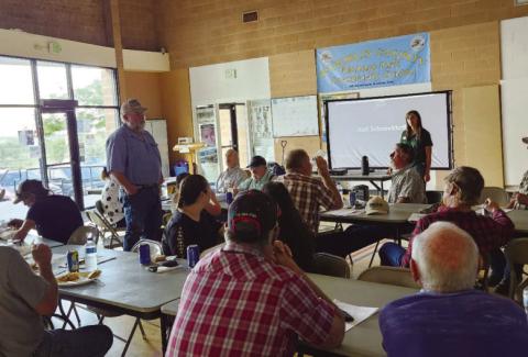 Avondale rancher Ryan Froman address the group gathered to learn more about drought management during a recent CSU extension meeting. Photo by Shirley Pigg