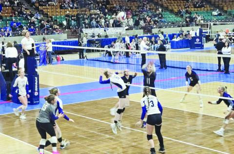 Hayley Newitt flies high in the air to block a shot in the volleyball state tournament. Rye won their initial state outing but dropped the next two, including a 3-0 loss to eventual 2A state champion. Courtesy Photo