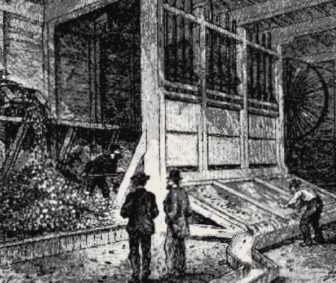 A Stamp Mill was a crushing machine powered by water or steam. Iron stamp heads or shoes are dropped on pieces of ore which rest on iron dies. The finely crushed ore proceeds to the next stage of processing. Courtesy Photo