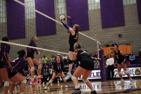 Hayley Newitt blocks a shot in Rye High School volleyball action last week. Courtesy Photo